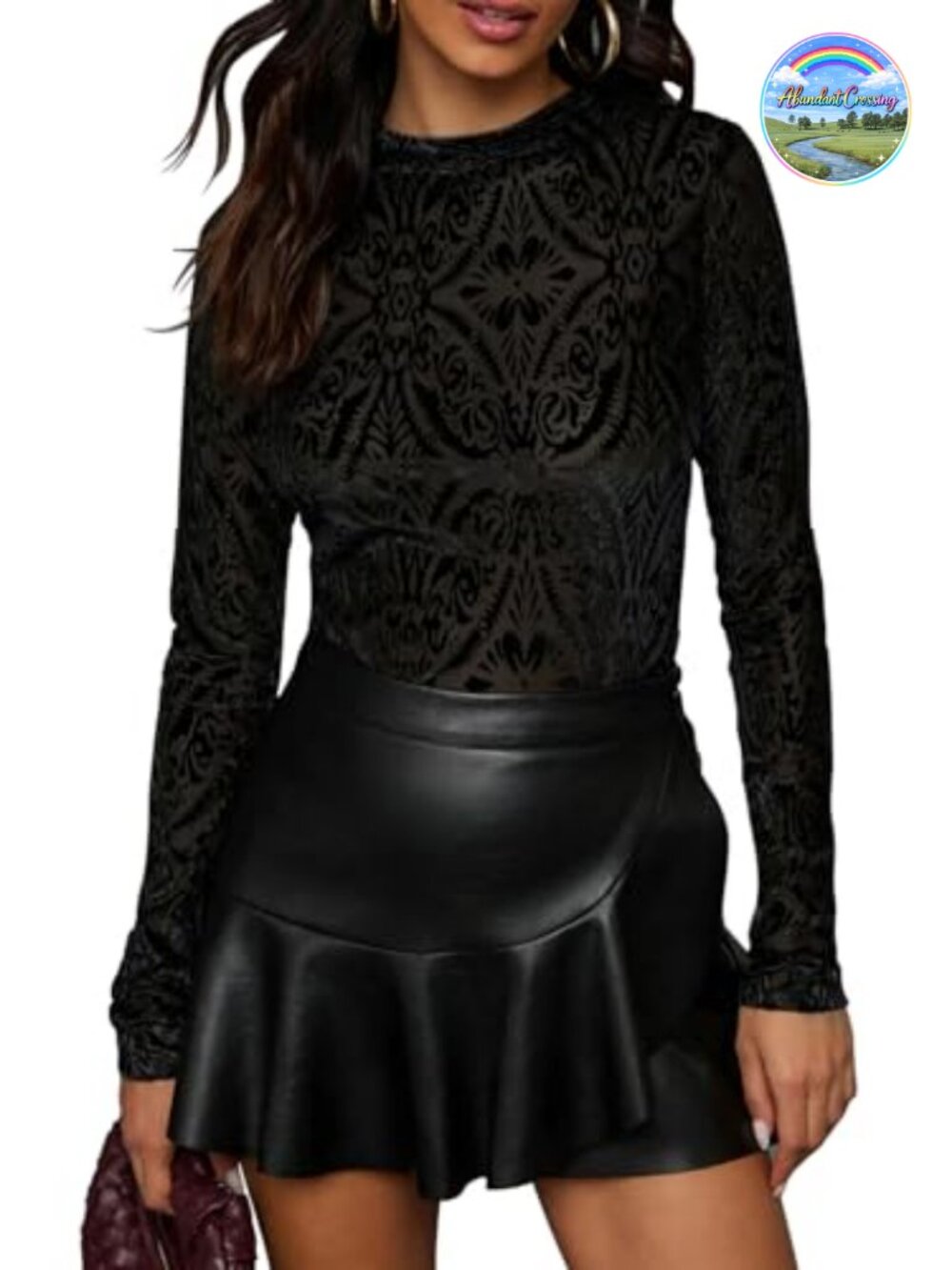 Womens Velvet Burnout Top Crew Neck Long Sleeve Slim Fit Blouse